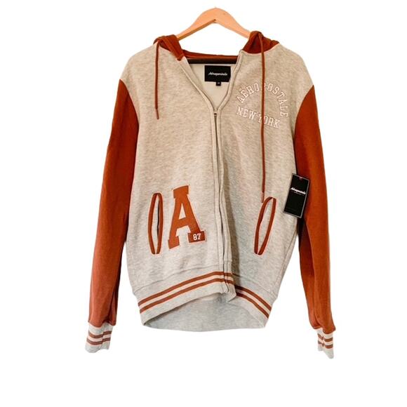 Aeropostale-87 Varsity Zip Up-Hoodie-Sweatshirt-Cotton Blend-Gray-Orange-Mens-M - Picture 1 of 3